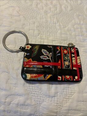 Vera Bradley Black Floral Pattern Wristlet Keyring with Red Trim